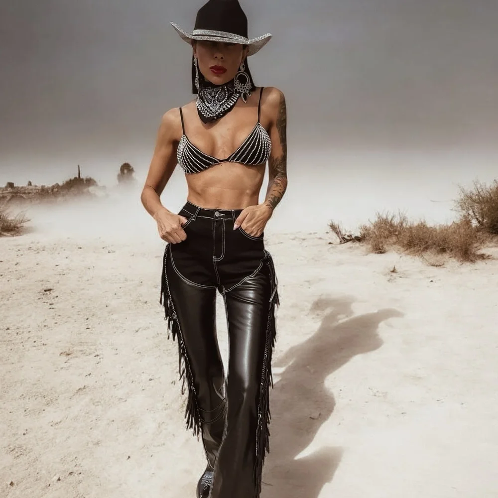 Western cowgirl chaps jeans, fringe denim, festival fringe pants - Picture 6 of 11